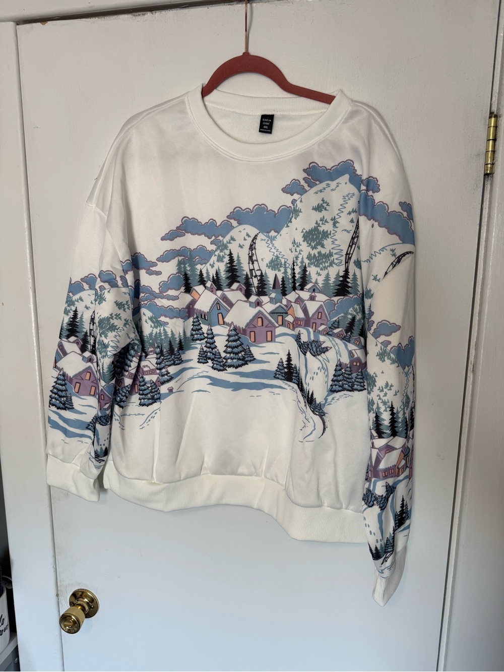 SHEIN White Crewneck Sweatshirt with Blue & Purple Winter Village Print